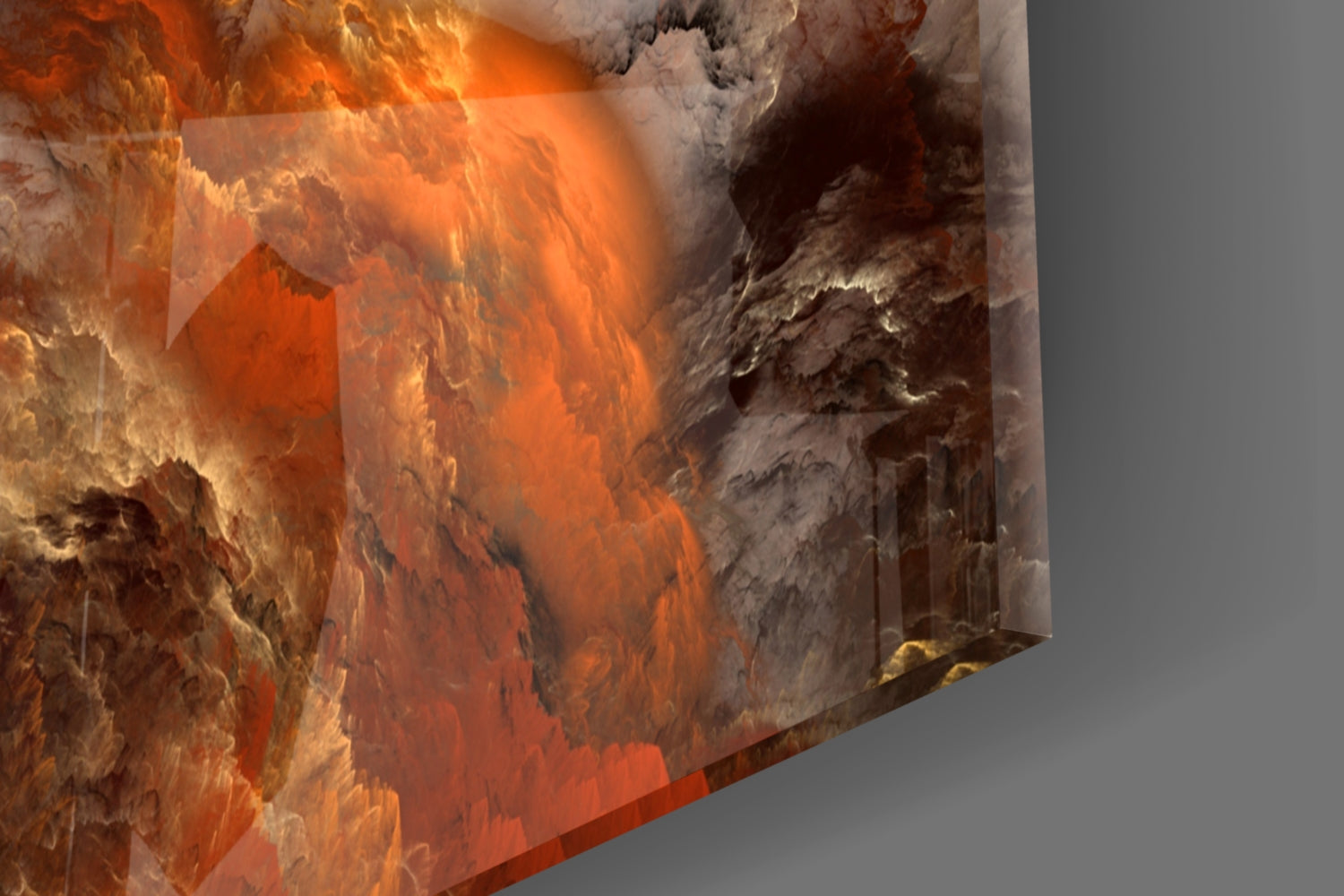 Angled close-up of glass wall art showing layered crimson, orange, and white cloudy textures with dramatic lighting and shadows.