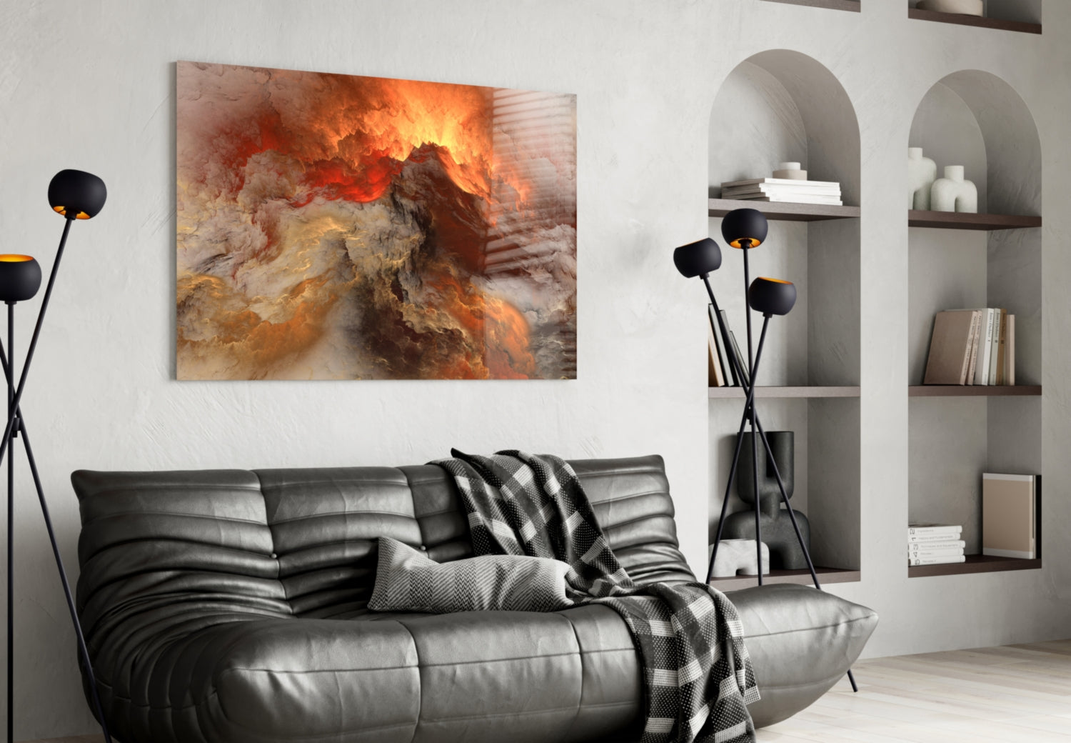 Crimson Apocalypse glass wall art displayed above black leather sofa in modern living room with built-in shelving and decorative lamps.