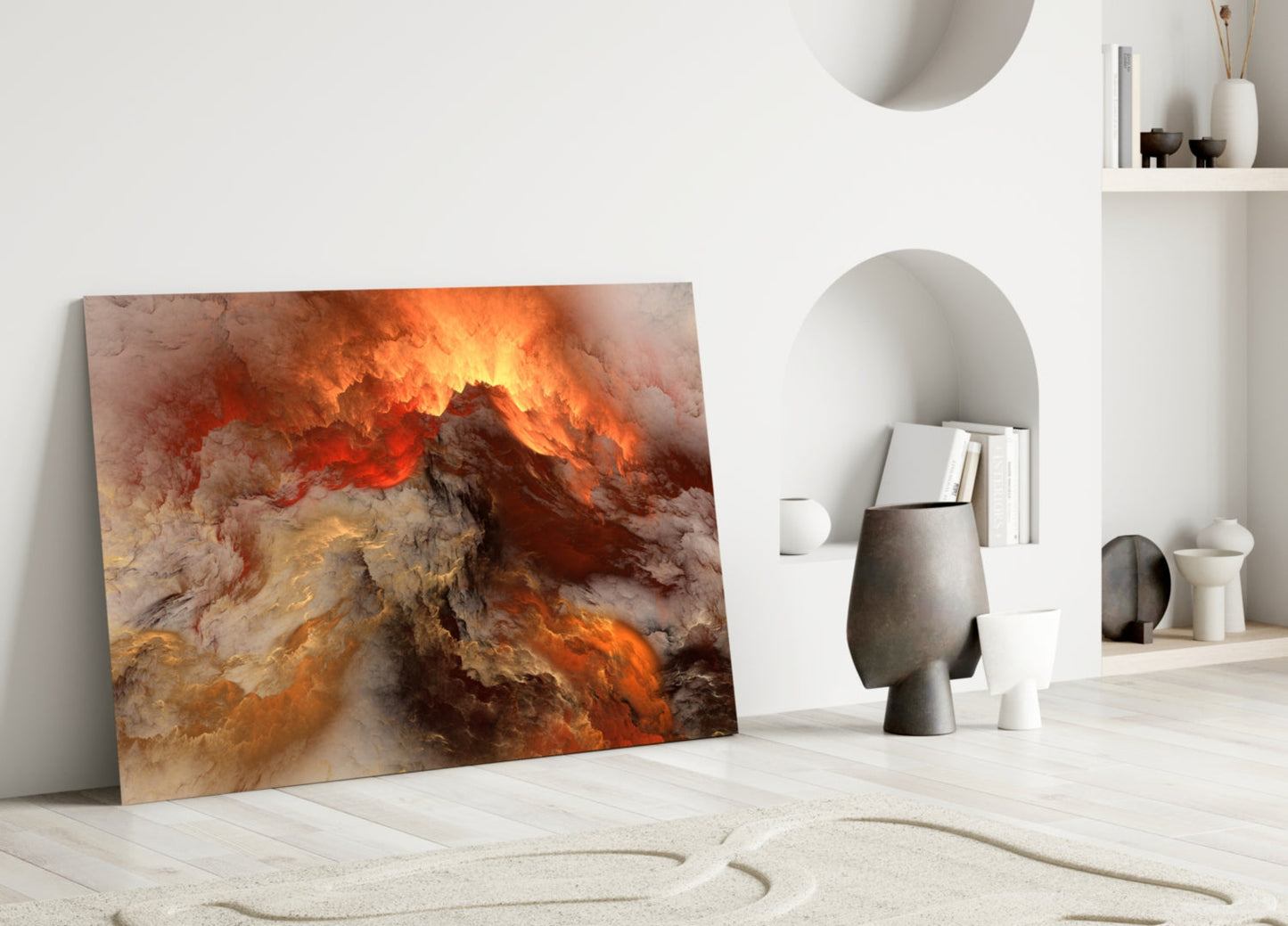 Crimson Apocalypse glass wall art leaning against white wall in minimalist room with sand floor and shelving.