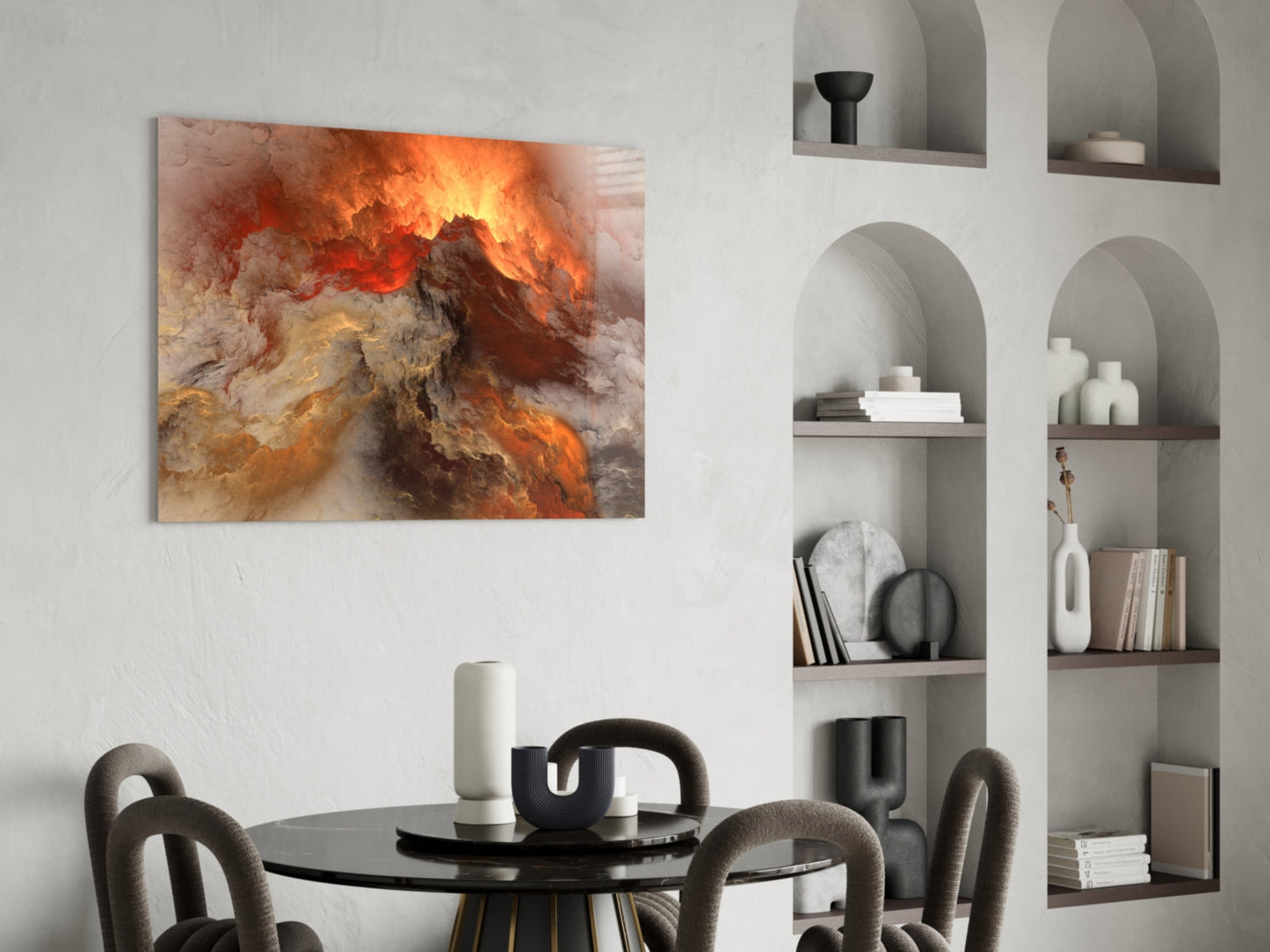 Crimson Apocalypse glass wall art displaying fiery orange and red abstract flames hung above a black dining table with upholstered chairs and white shelving unit.