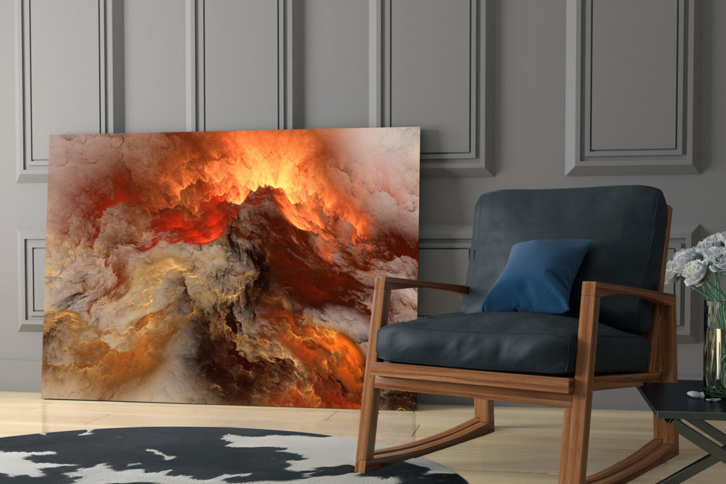 Crimson Apocalypse glass wall art displayed in a modern living room next to a wooden chair with black leather seat and blue pillow.