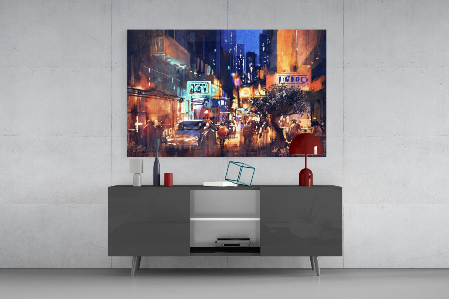 Painted Neon Night Street Scene Glass Wall Art