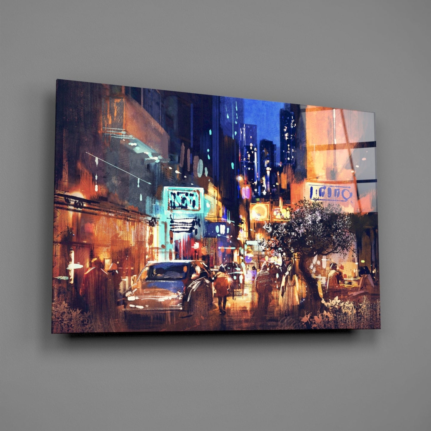 Painted Neon Night Street Scene Glass Wall Art