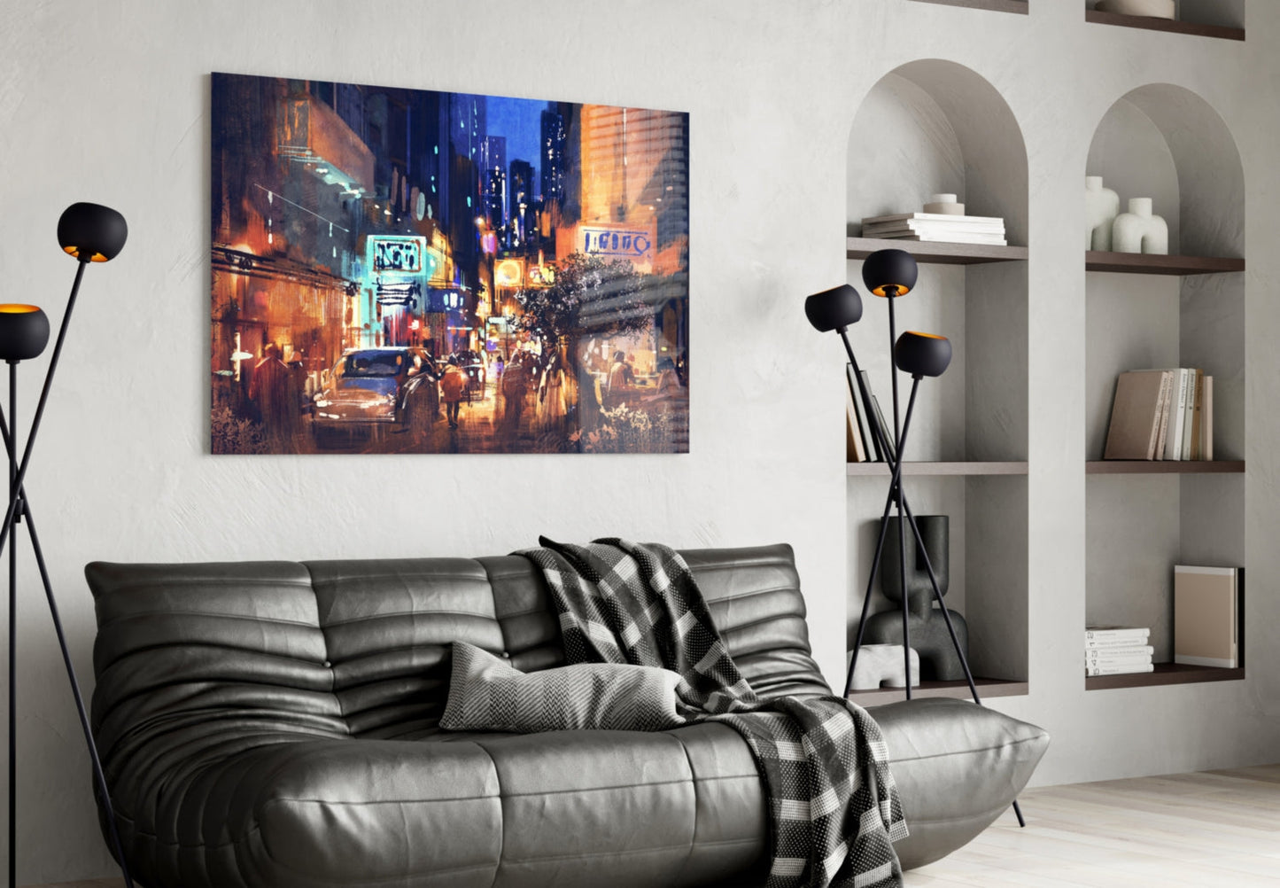 Painted Neon Night Street Scene Glass Wall Art