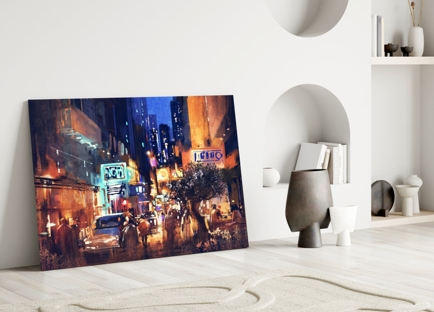 Painted Neon Night Street Scene Glass Wall Art