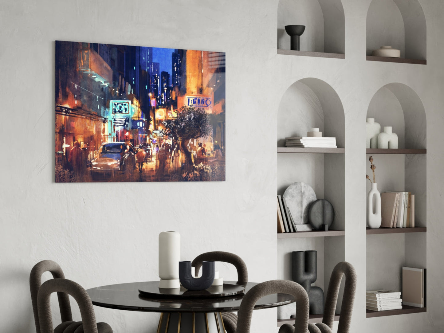 Painted Neon Night Street Scene Glass Wall Art