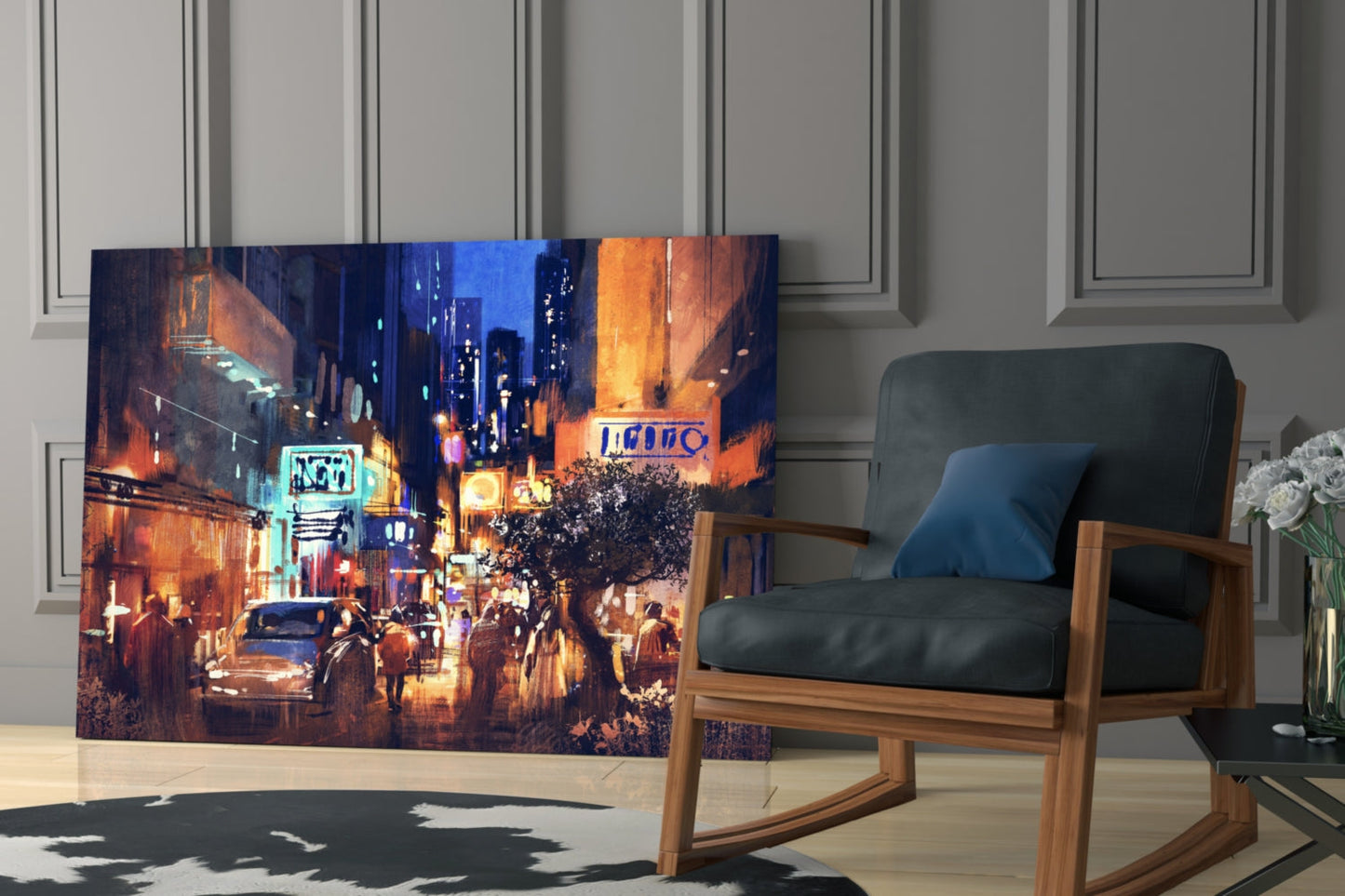 Painted Neon Night Street Scene Glass Wall Art
