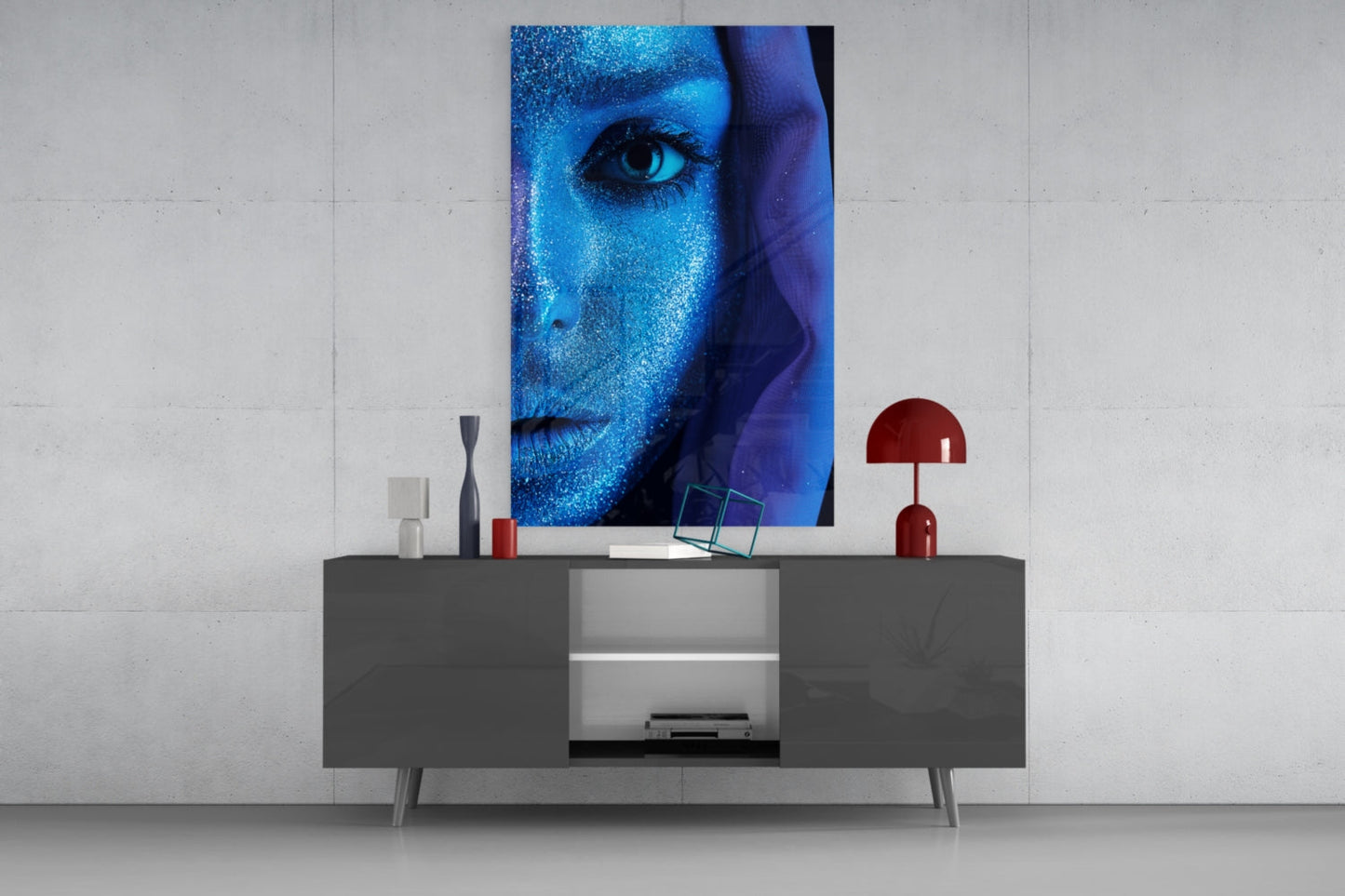 Blue Glitter Veil Woman Glass Wall Art