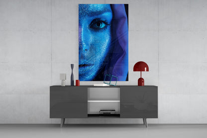 Blue Glitter Veil Woman Glass Wall Art