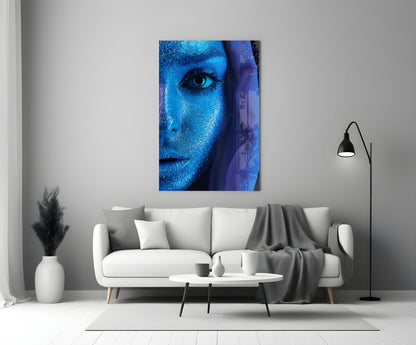 Blue Glitter Veil Woman Glass Wall Art