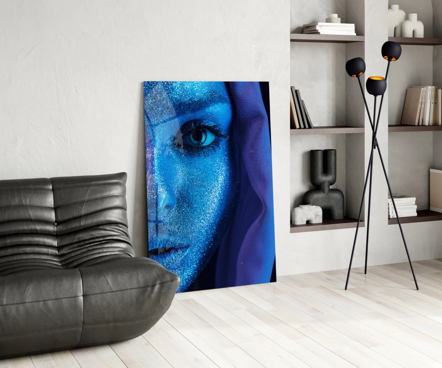 Blue Glitter Veil Woman Glass Wall Art