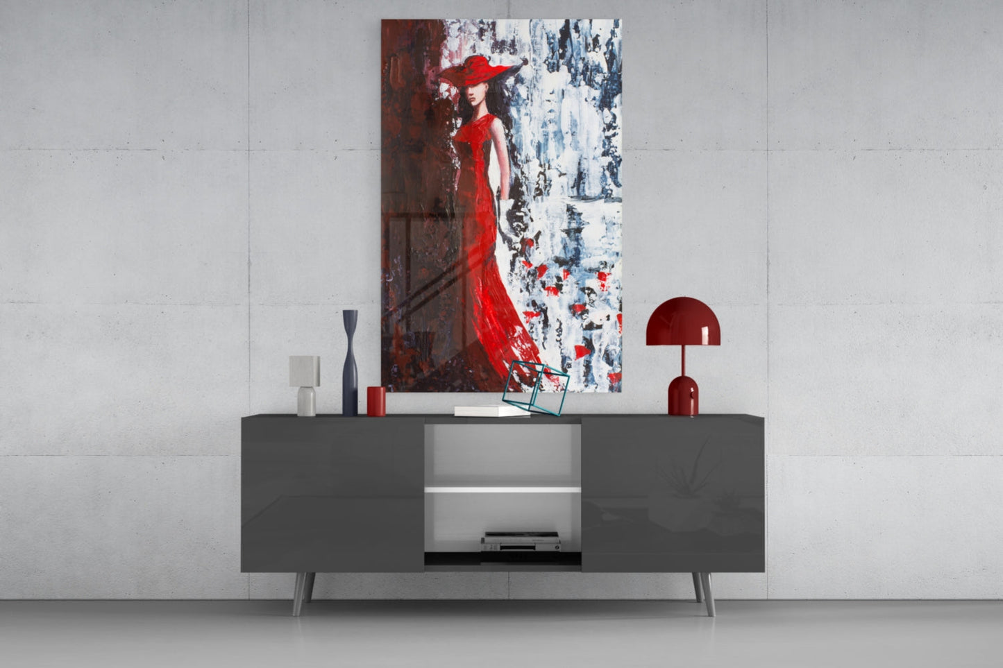 Scarlet Gown Lady Palette Knife Glass Wall Art