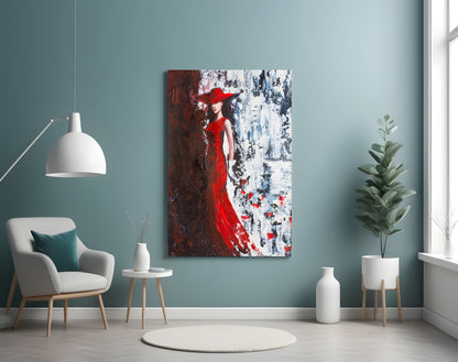 Scarlet Gown Lady Palette Knife Glass Wall Art