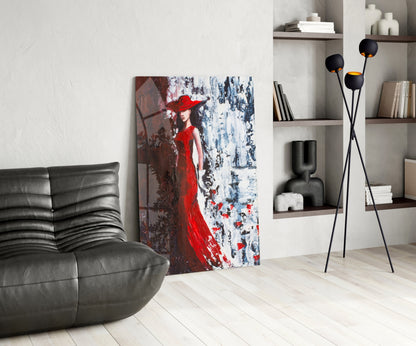 Scarlet Gown Lady Palette Knife Glass Wall Art