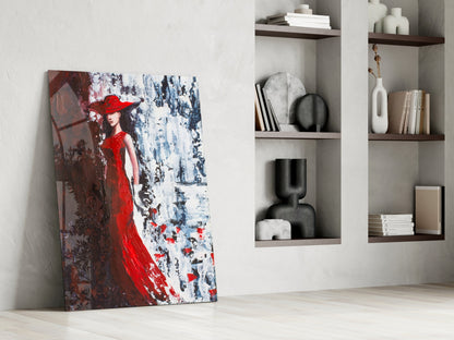 Scarlet Gown Lady Palette Knife Glass Wall Art