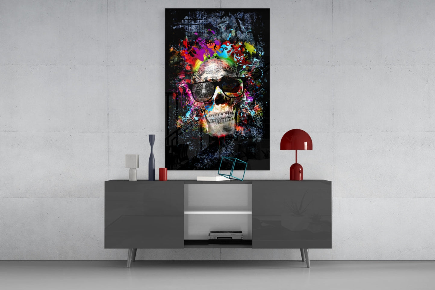 Paint Splash Sunglasses Skull Glass Wall Art