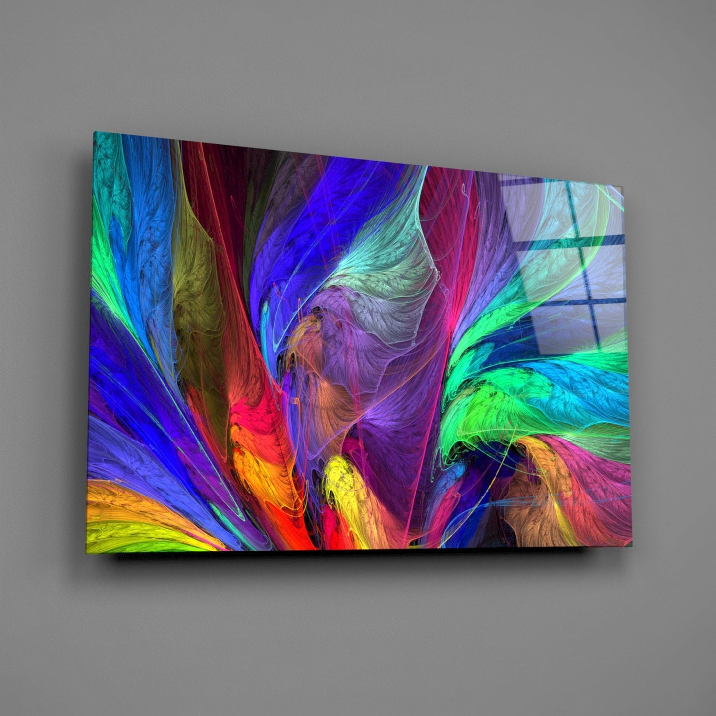 Vibrant glass wall art panel displaying swirling abstract patterns in blue, green, red, purple, and yellow on gray background.