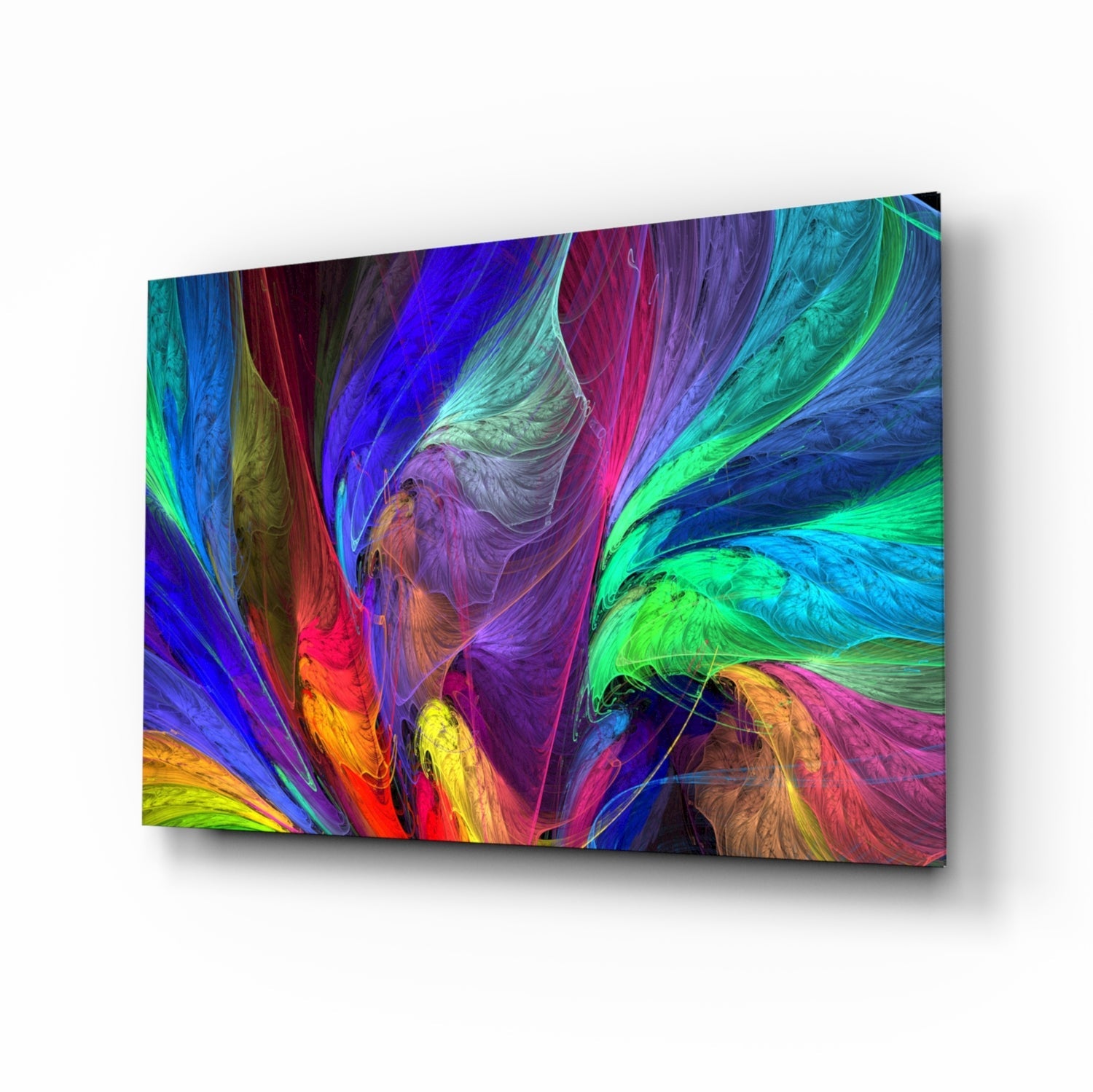 Angled view of glass wall art displaying swirling abstract patterns in vibrant blue, green, pink, purple, yellow, and red colors with flowing brushstroke-like textures.