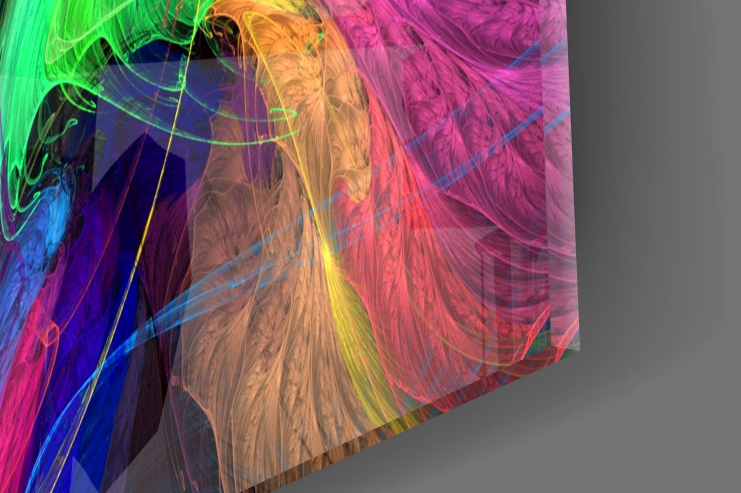 Translucent glass panel with vibrant neon colors—green, blue, pink, yellow, and magenta—creating flowing abstract patterns, photographed at an angled perspective against gray background.