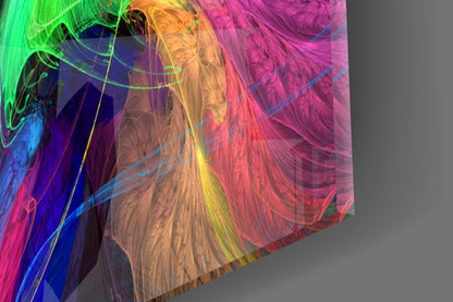 Translucent glass panel with vibrant neon colors—green, blue, pink, yellow, and magenta—creating flowing abstract patterns, photographed at an angled perspective against gray background.