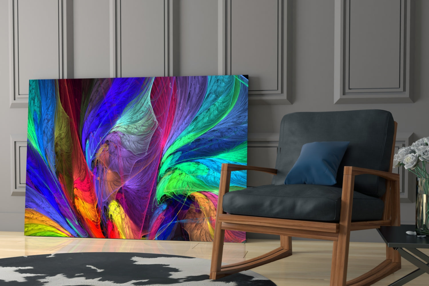 Vibrant multicolored glass wall art panel with swirling blue, purple, green, and yellow patterns displayed in modern living room setting.