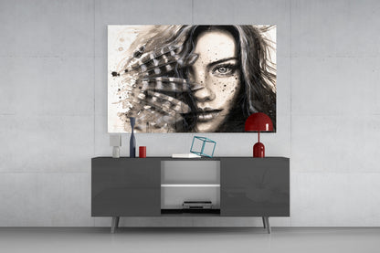Feather Ink Sketch Woman Glass Wall Art
