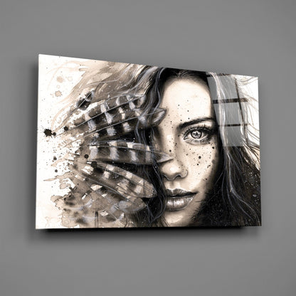 Feather Ink Sketch Woman Glass Wall Art