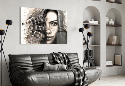Feather Ink Sketch Woman Glass Wall Art