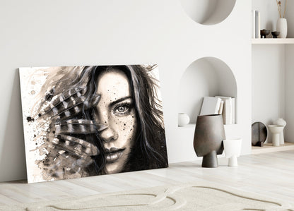 Feather Ink Sketch Woman Glass Wall Art