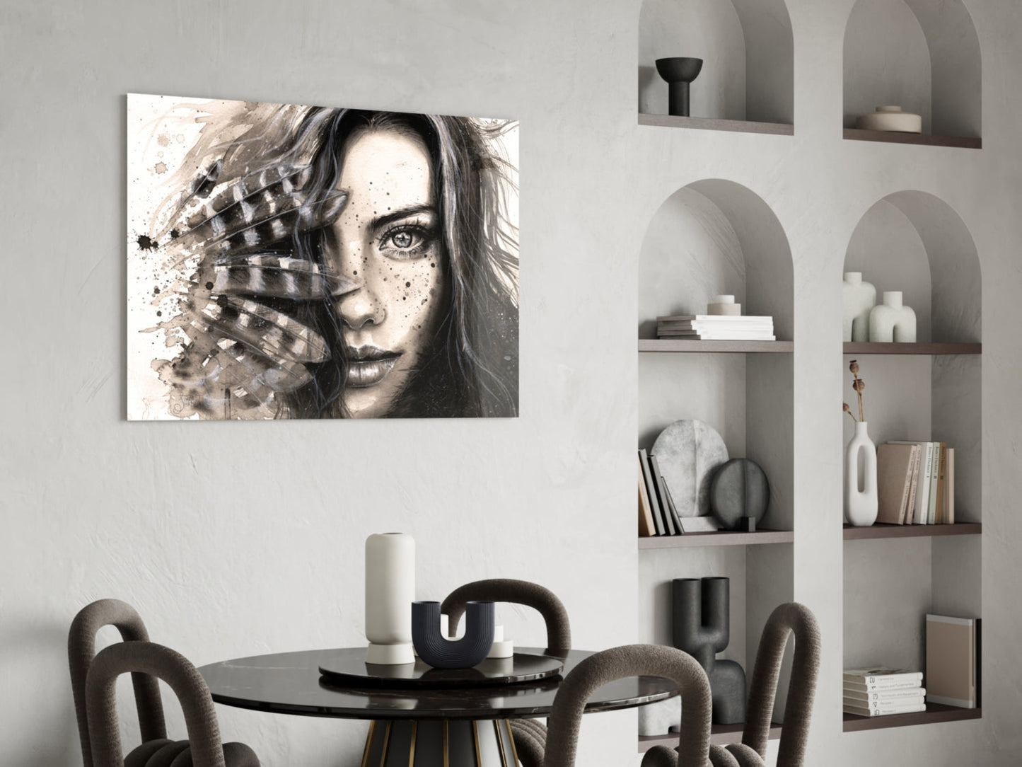 Feather Ink Sketch Woman Glass Wall Art