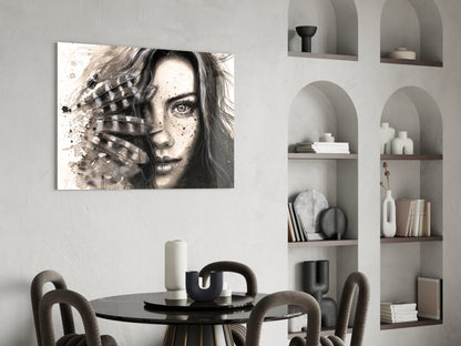 Feather Ink Sketch Woman Glass Wall Art