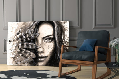 Feather Ink Sketch Woman Glass Wall Art