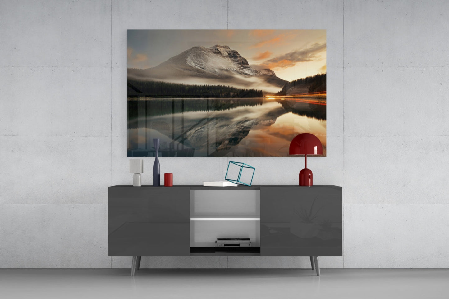 Misty Snow Peak Mirror Lake Glass Wall Art