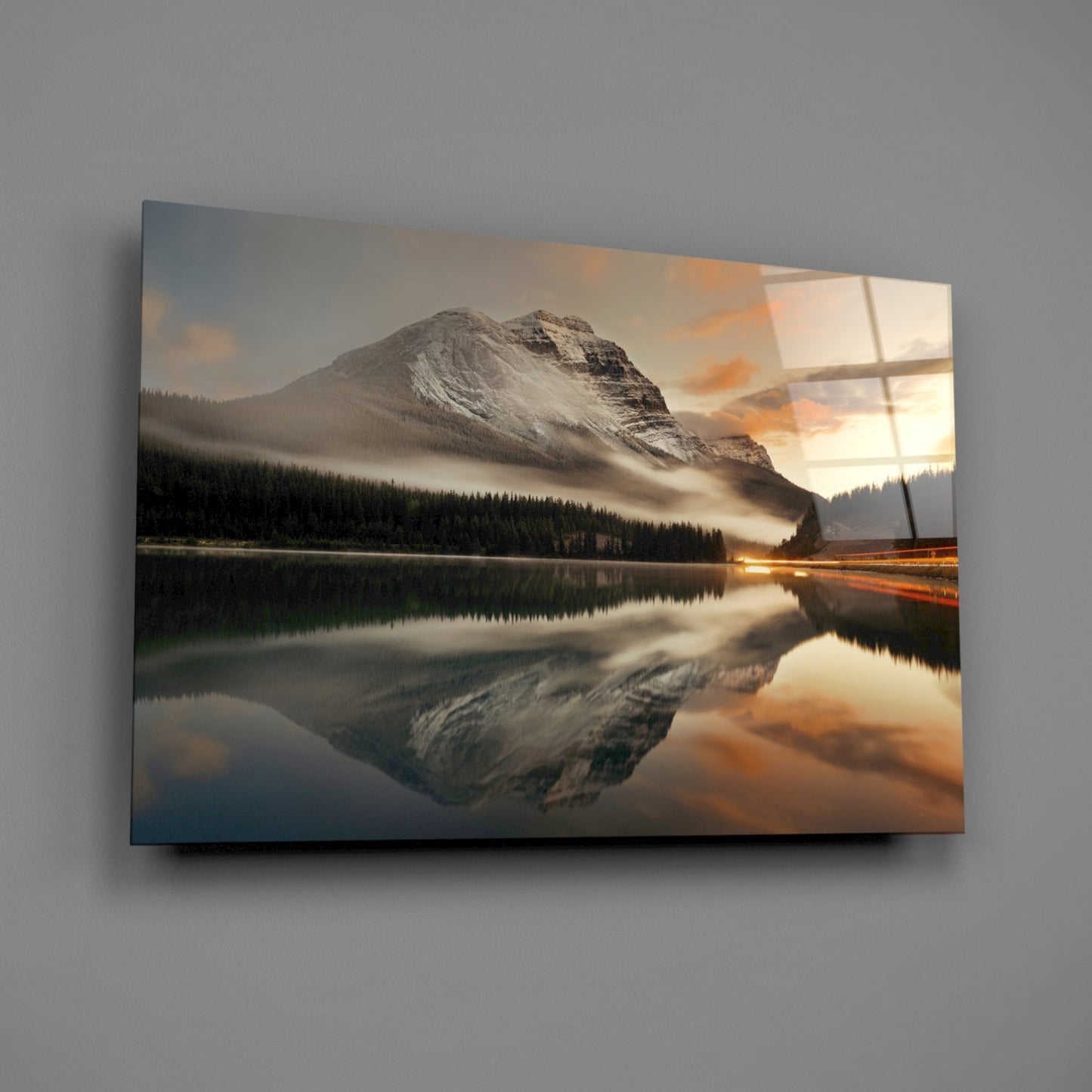 Misty Snow Peak Mirror Lake Glass Wall Art
