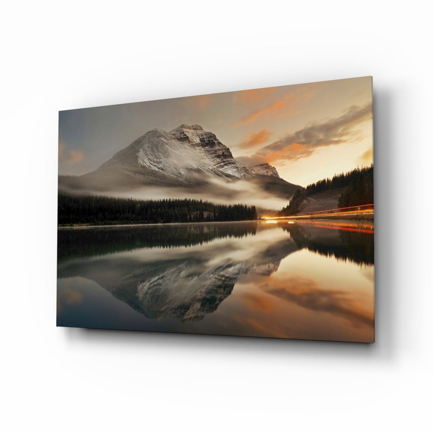 Misty Snow Peak Mirror Lake Glass Wall Art