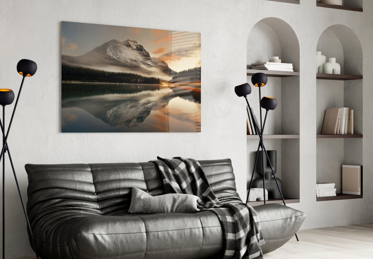 Misty Snow Peak Mirror Lake Glass Wall Art