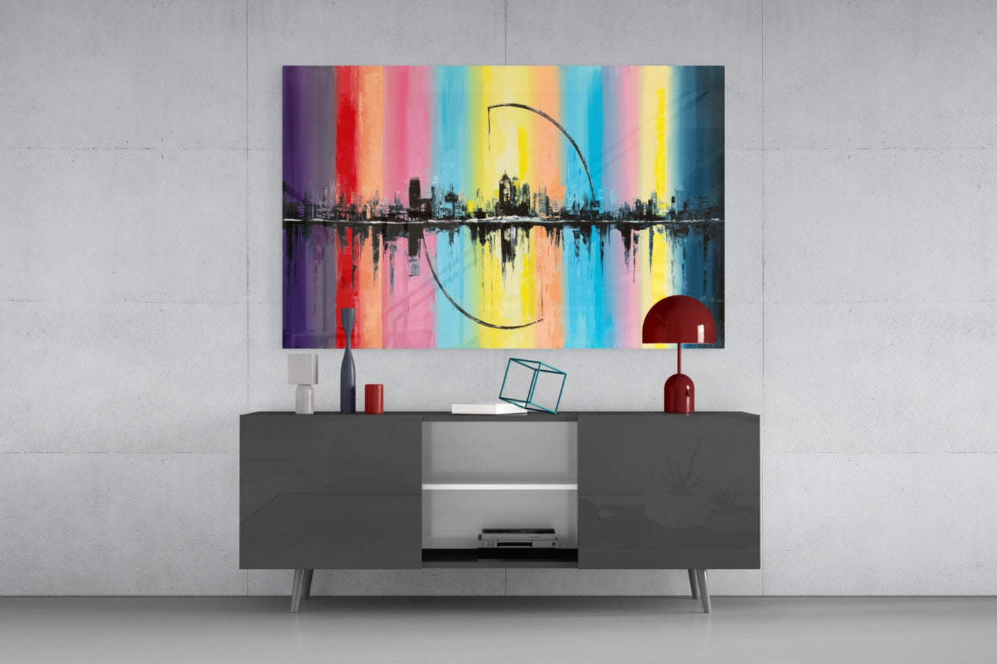 Rainbow Stripes City Reflection Glass Wall Art