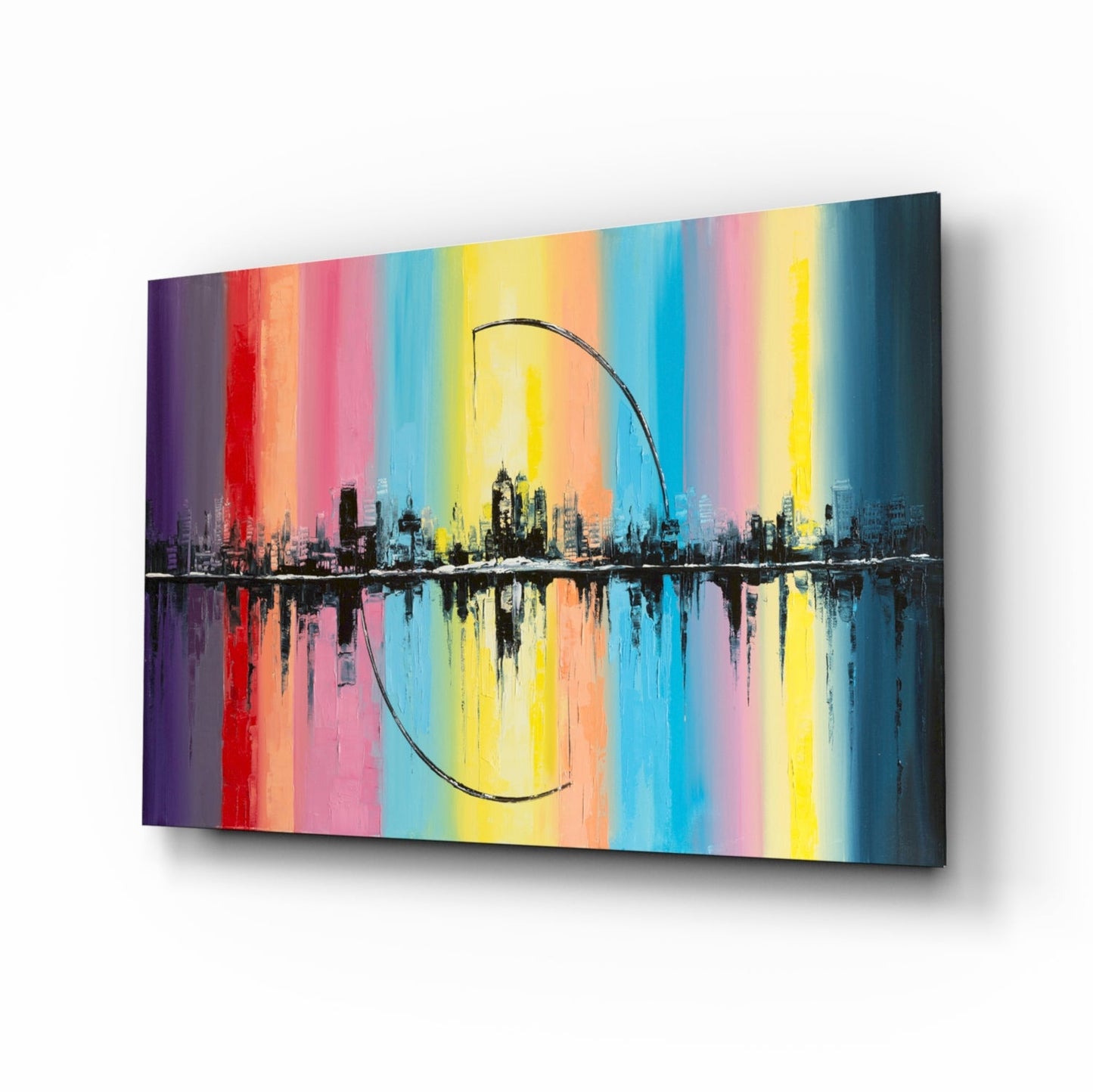 Rainbow Stripes City Reflection Glass Wall Art