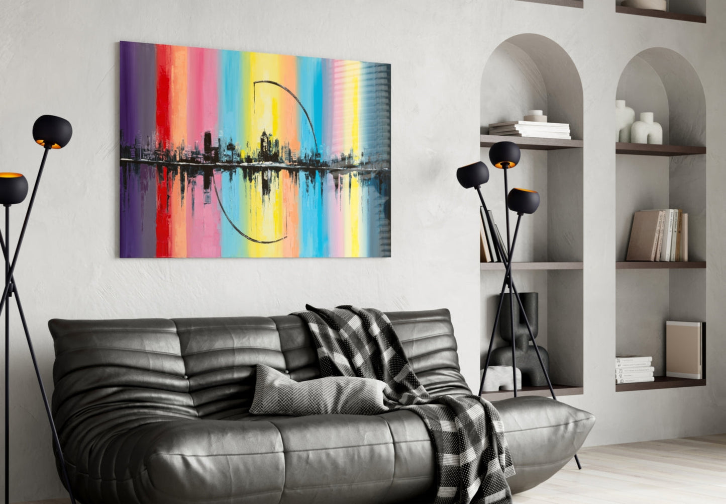 Rainbow Stripes City Reflection Glass Wall Art