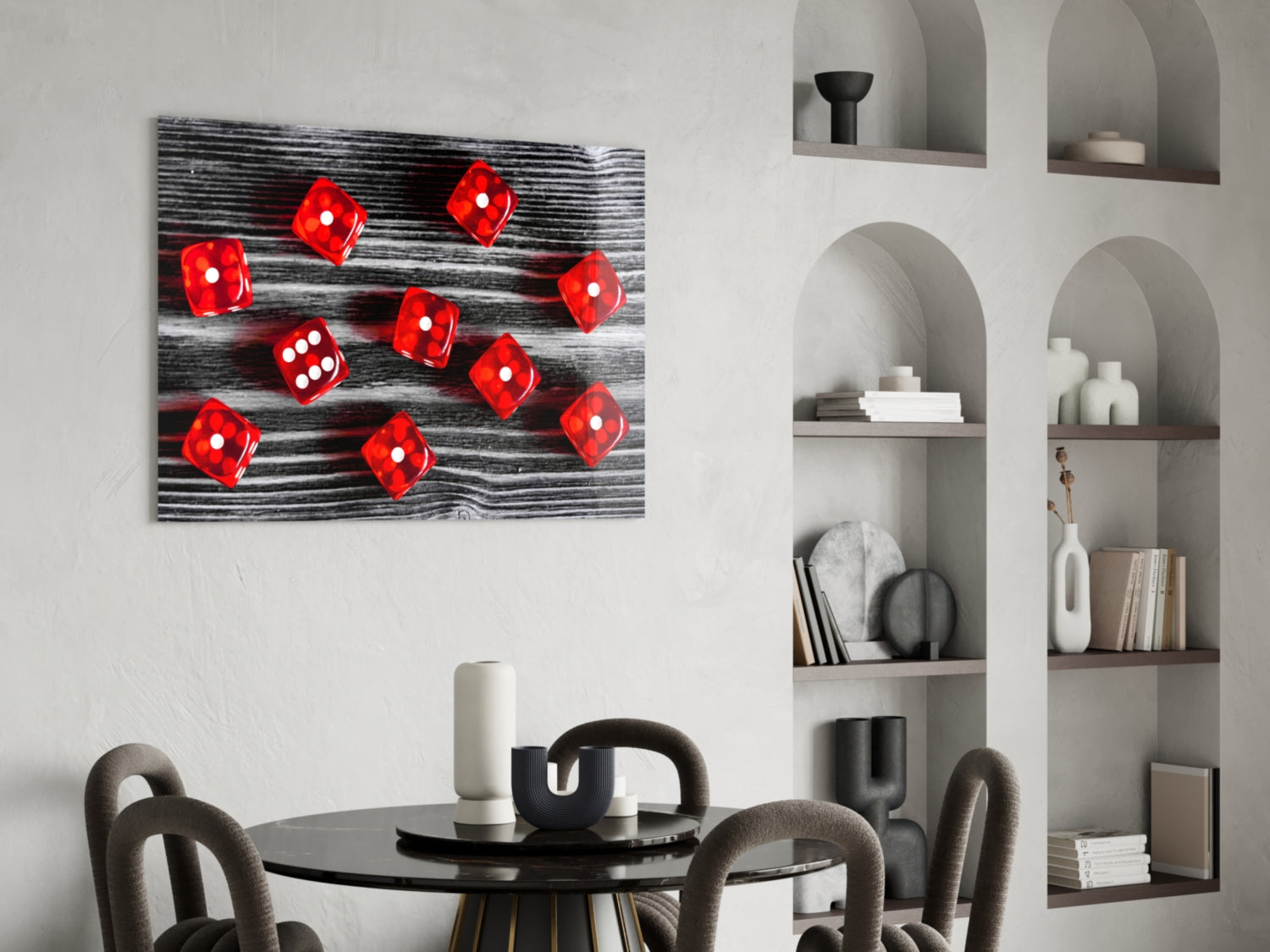 Red dice with white dots on black and white wood texture canvas displayed above a round dining table in a modern interior.