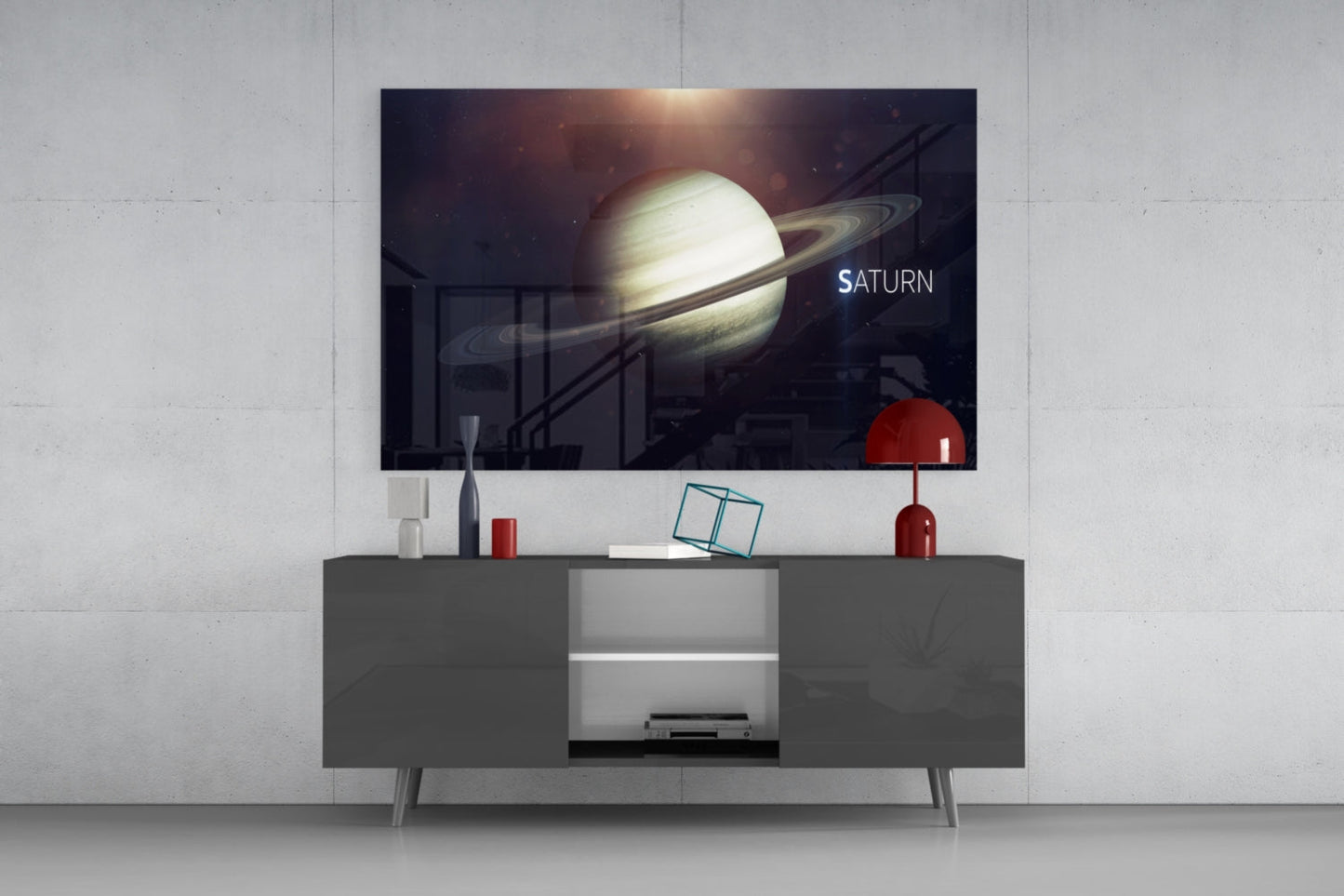 Golden Saturn With Name Text Glass Wall Art