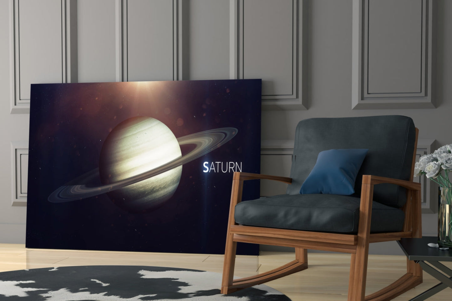 Golden Saturn With Name Text Glass Wall Art