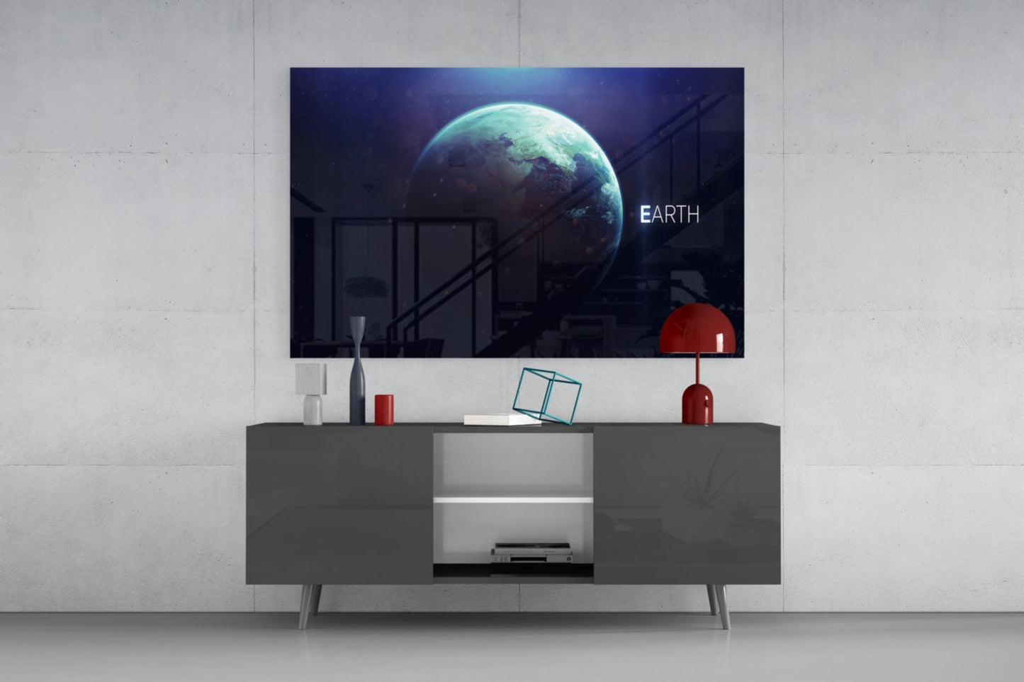 Glowing Earth Planet Text Glass Wall Art