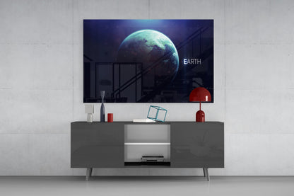 Glowing Earth Planet Text Glass Wall Art