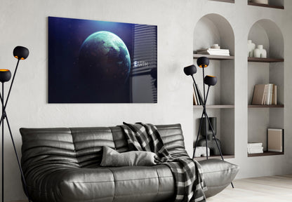 Glowing Earth Planet Text Glass Wall Art