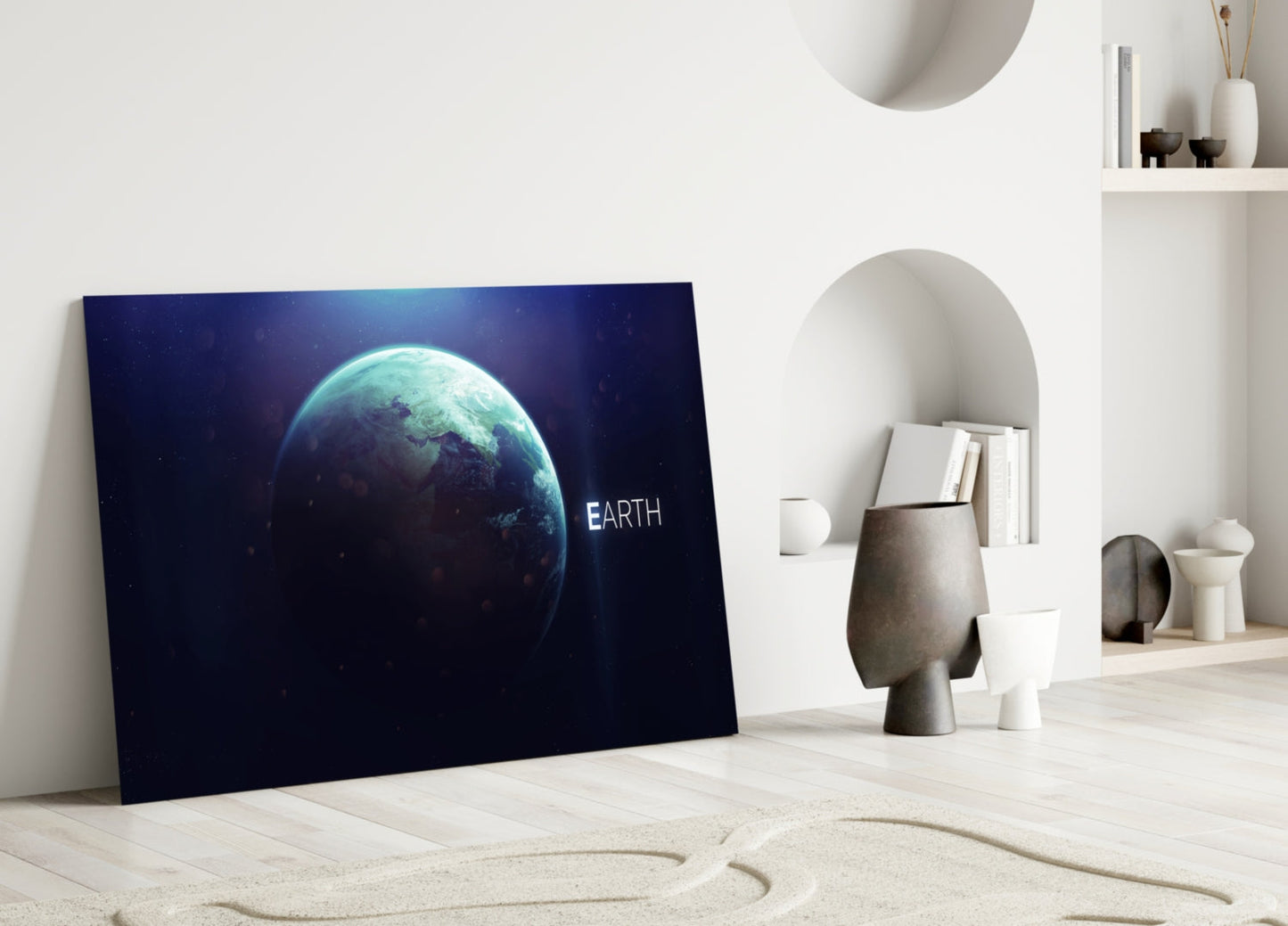 Glowing Earth Planet Text Glass Wall Art