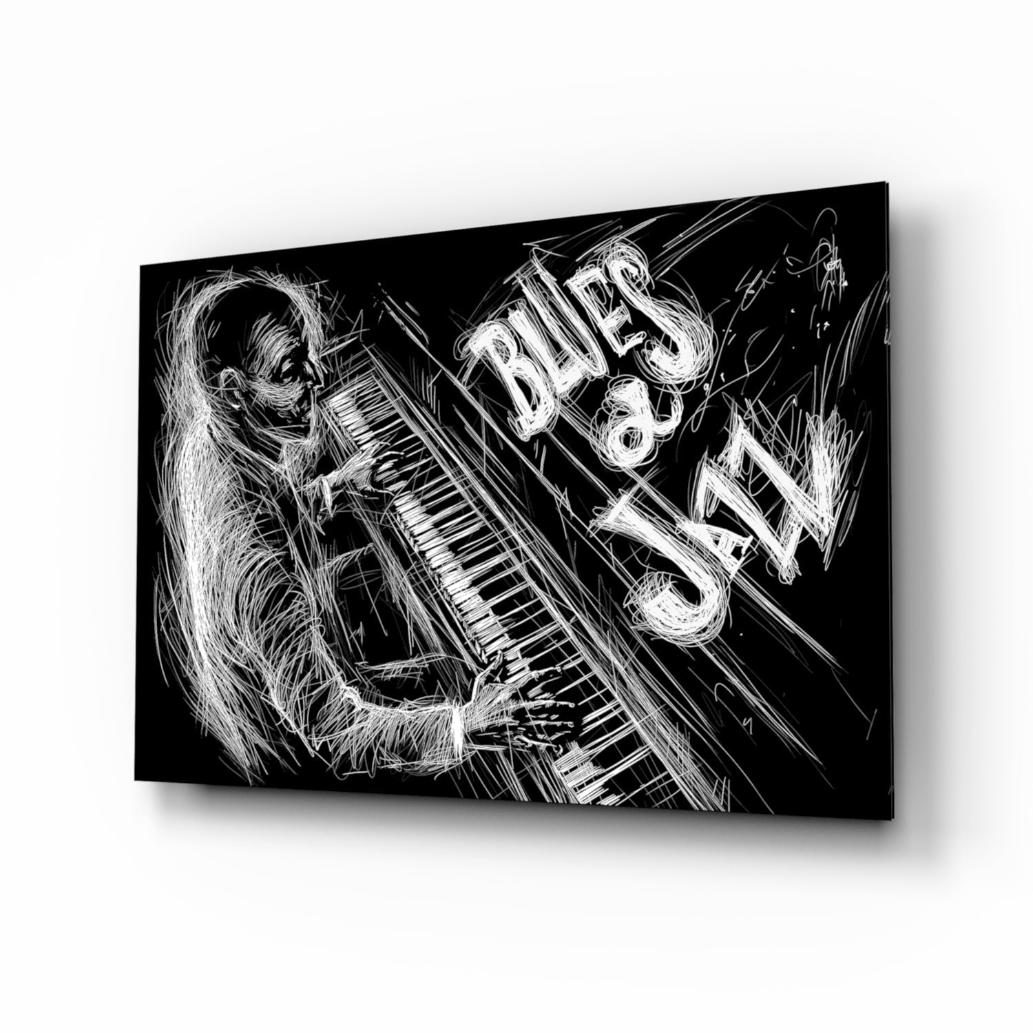 Black and white sketch-style glass wall art showing a figure playing keyboard with "BLUES JAZZ" text, displayed at an angled perspective.