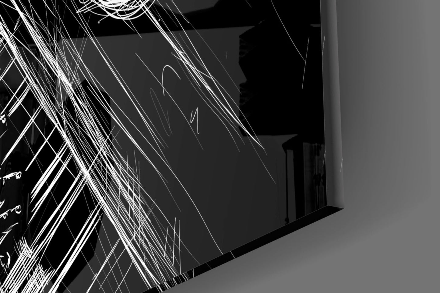 Close-up angled view of glass wall art with white line drawings of musical instruments and abstract jazz-inspired patterns on dark background.