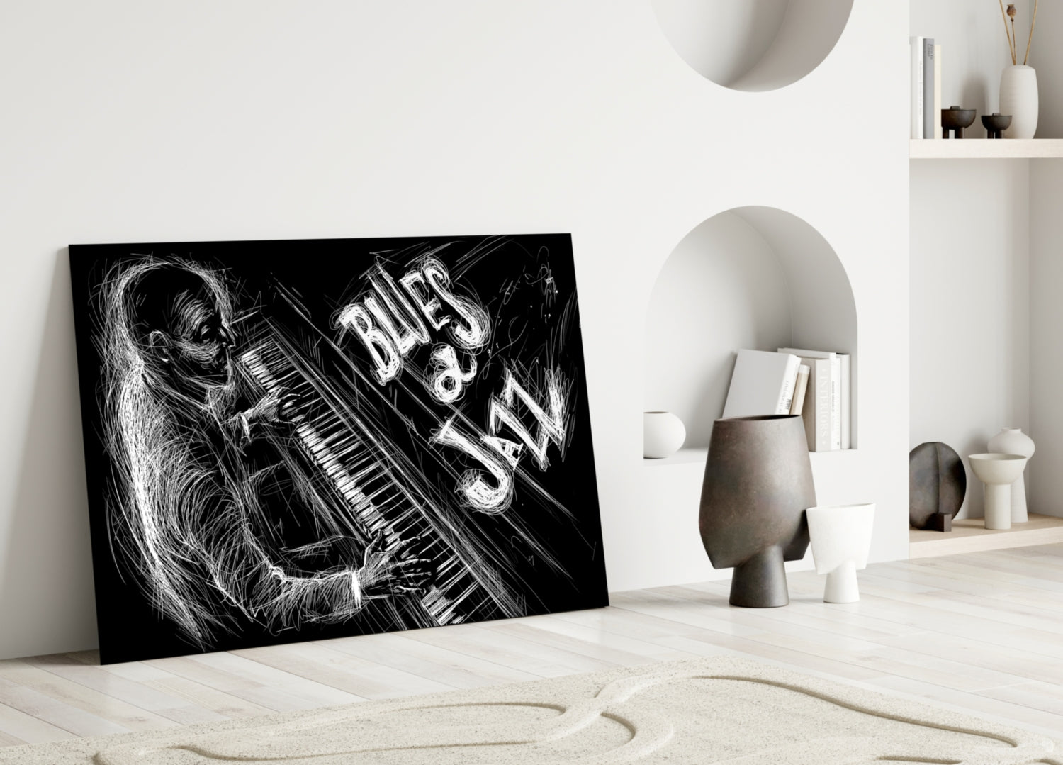 Black and white glass wall art leaning against white wall displays sketched musician with piano and "Blues Jazz" text.