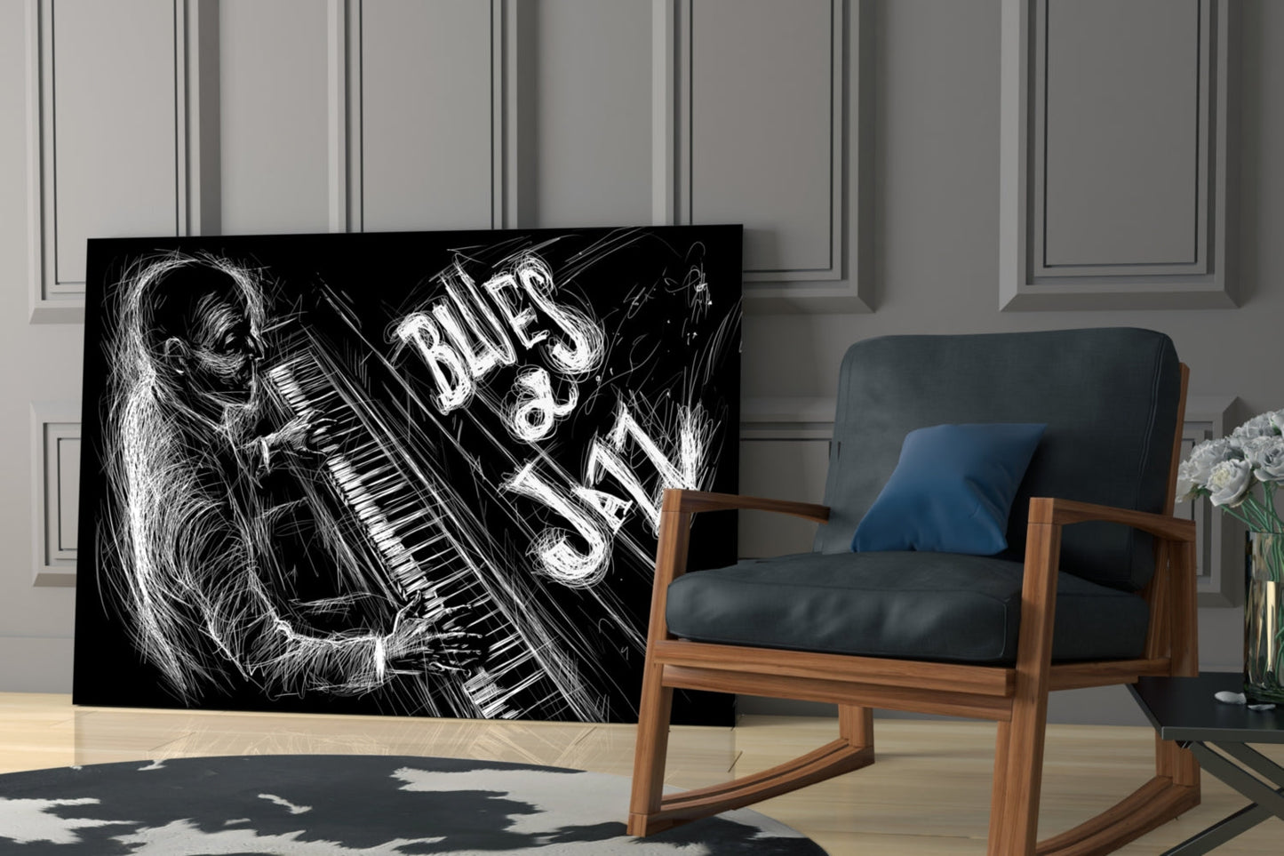 Black glass wall art displaying sketched musician playing keyboard with "BLUES SALT" text, displayed in modern living room beside wooden chair.